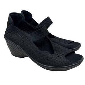 Bernie Mev Jeans Fame Wedge Sandals Women 7/38 Black Woven 2.75" NWOB **READ**